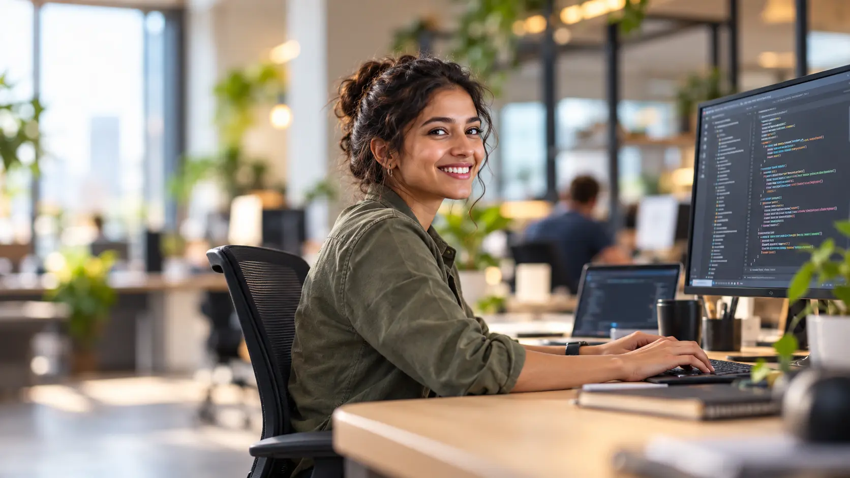 Software Engineering Staffing banner showing a skilled software developer working in a modern office environment with a pleasant expression, clean workspace, and code visible on screen.