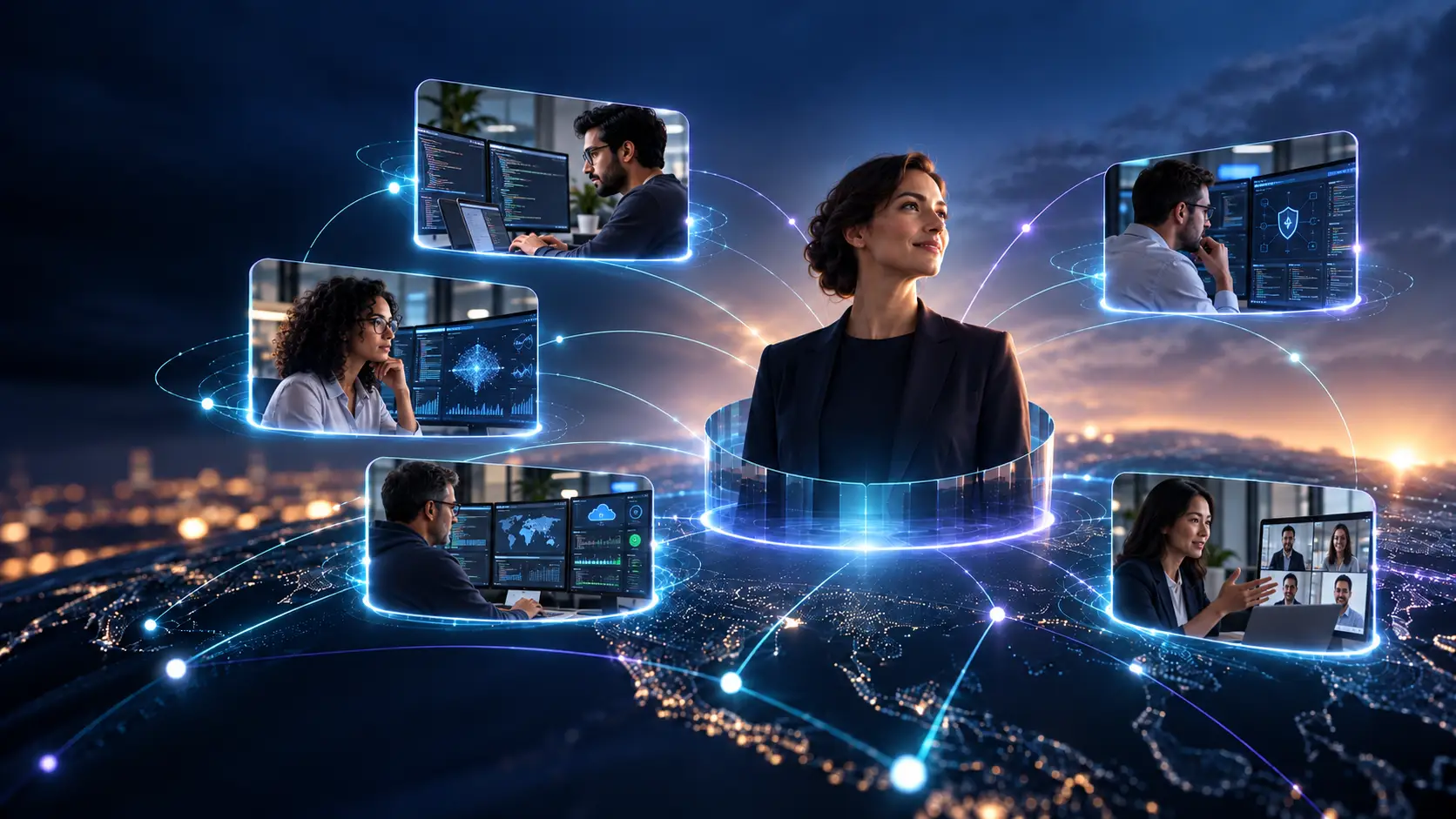 a central business leader connected to a global network of technology professionals, including software development, data and AI, cloud operations, cybersecurity, and remote collaboration, representing Talent as a Service.