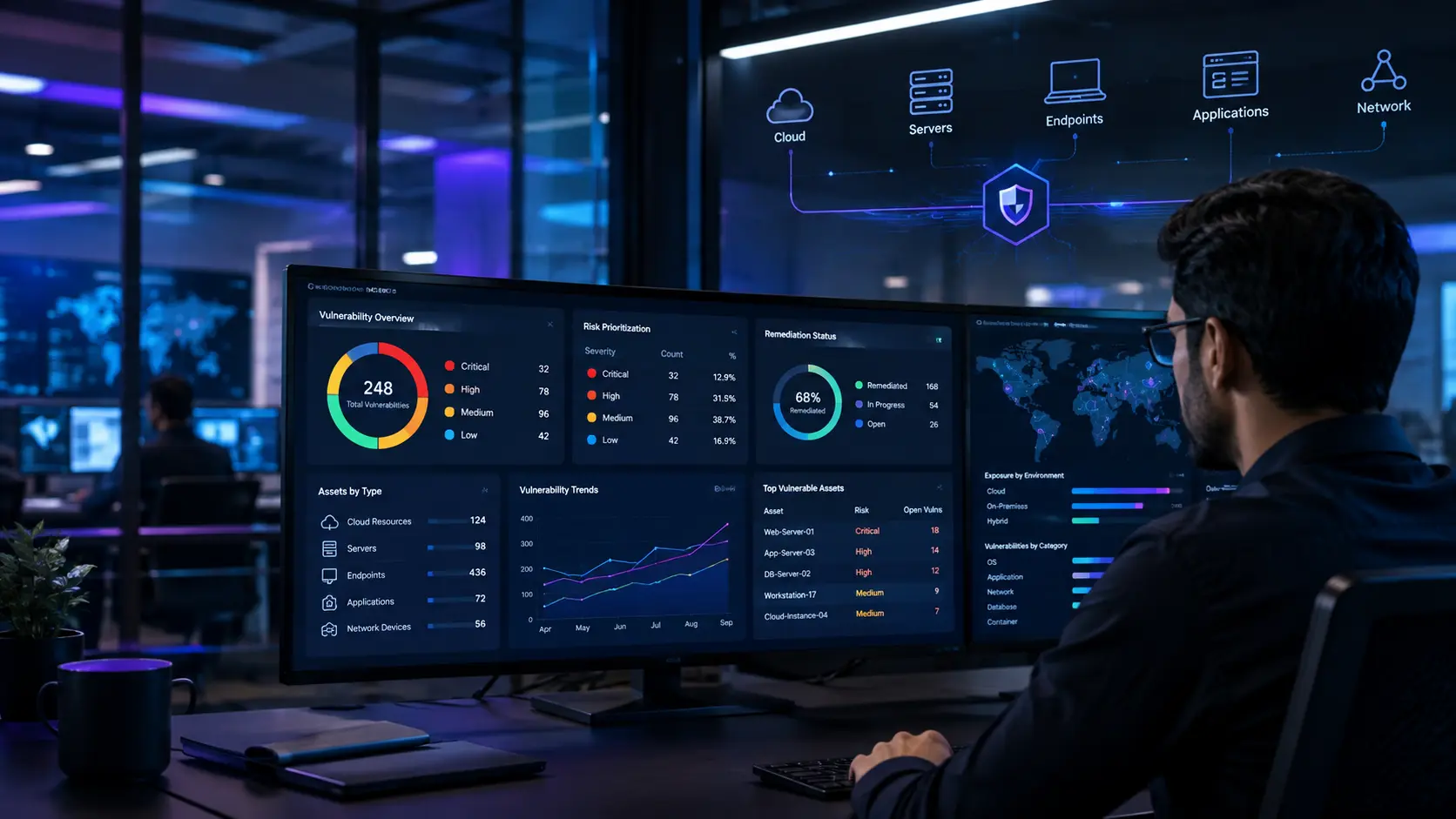 Security analyst monitoring a vulnerability management dashboard showing risk prioritization, remediation status, cloud, server, endpoint, application, and network vulnerabilities.