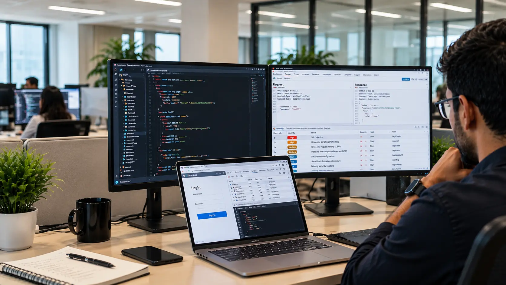 Cybersecurity professional performing web application penetration testing, analyzing code and vulnerability findings across multiple security monitoring screens.