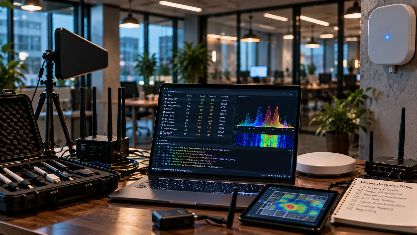 Wireless penetration testing setup analyzing Wi-Fi networks, signal strength, encryption, access points, and potential wireless security vulnerabilities.