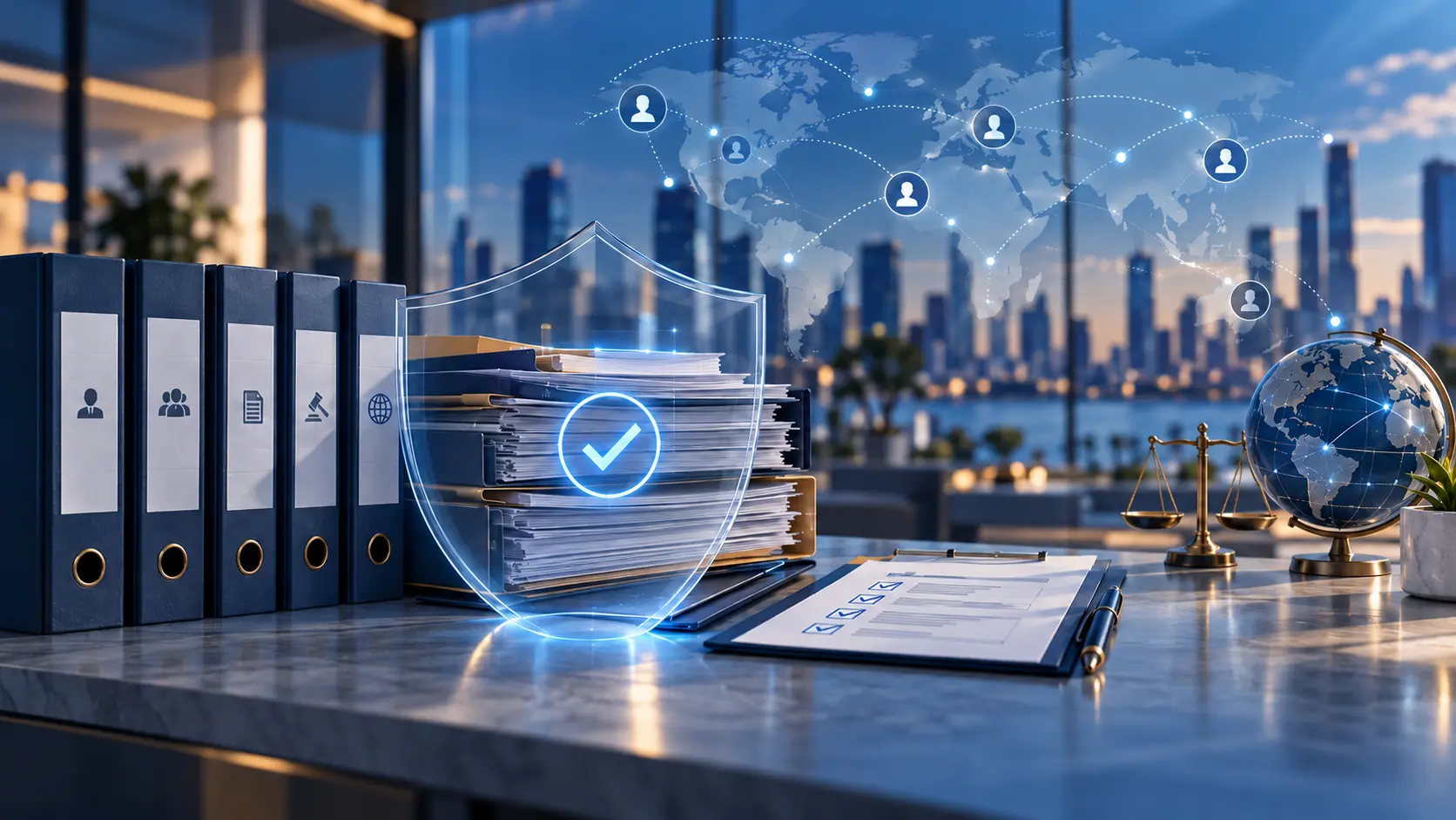 Protected employee records with a digital security shield, compliance checklist, and connected world map representing HashRoot’s HR and workforce compliance services.